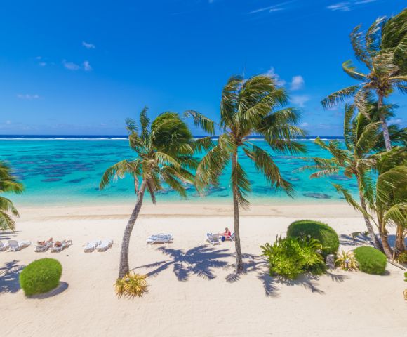 Tropical beach scene with turquoise water, white sand, and swaying palm trees. Clear blue sky and vibrant lush greenery create a serene, relaxing atmosphere.