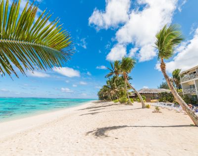 Sunny tropical beach with white sand, turquoise sea, and swaying palm trees. A building with balconies is visible, adding a serene, inviting vibe.