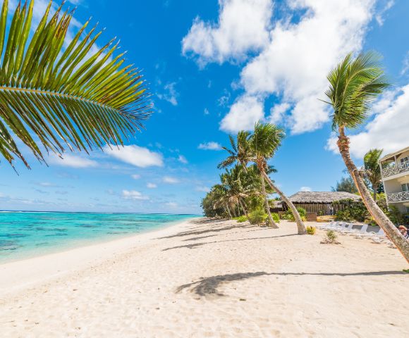 Sunny tropical beach with white sand, turquoise sea, and swaying palm trees. A building with balconies is visible, adding a serene, inviting vibe.