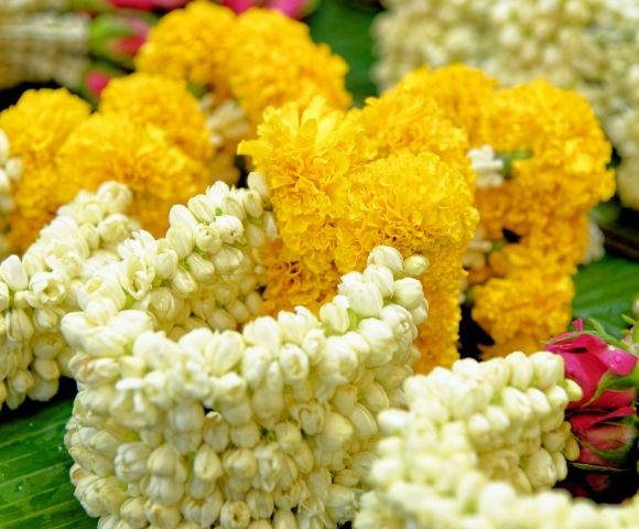 Flower garlands made of yellow marigolds and white jasmine buds are arranged side by side on green leaves, creating a vibrant and festive display.