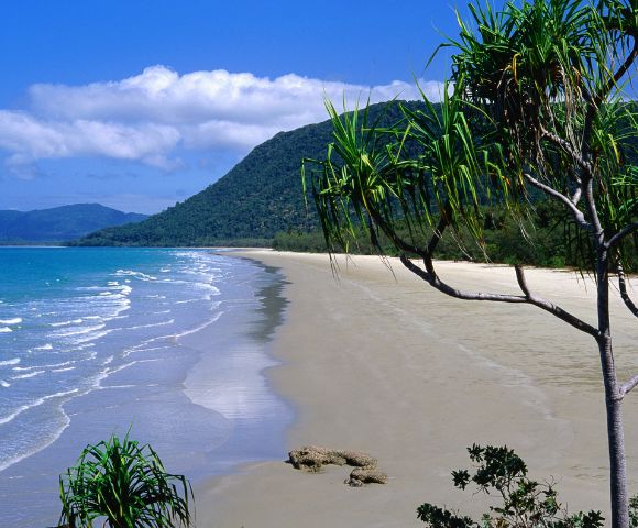 Tropical beach scene with turquoise ocean waves lapping a sandy shore. Green hills and palm trees line the coast under a clear blue sky. Tranquil vibe.