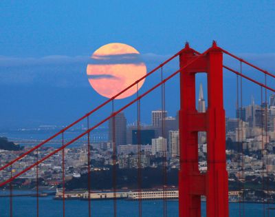 A vivid image of the San Francisco skyline, highlighted by a large full moon rising behind it. The red Golden Gate Bridge stands in the foreground.