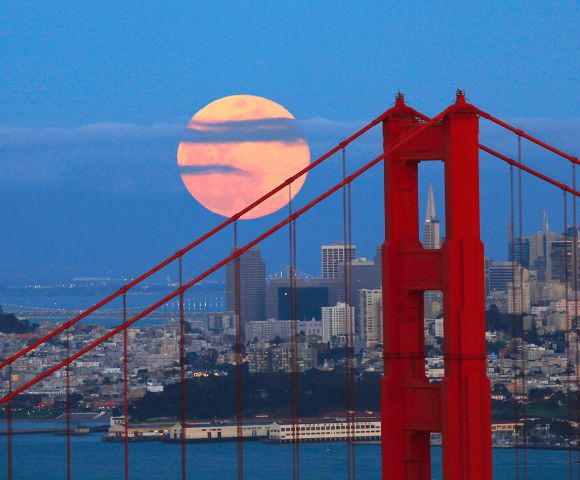 A vivid image of the San Francisco skyline, highlighted by a large full moon rising behind it. The red Golden Gate Bridge stands in the foreground.