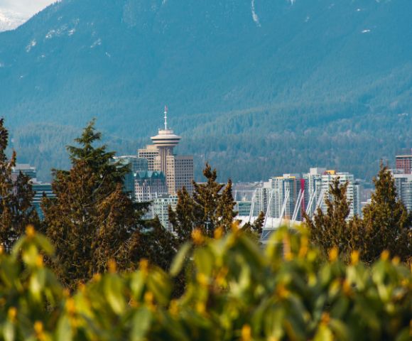 Skyline of a city with a prominent round tower amidst modern buildings, set against a backdrop of lush, forested hills and large trees in the foreground.