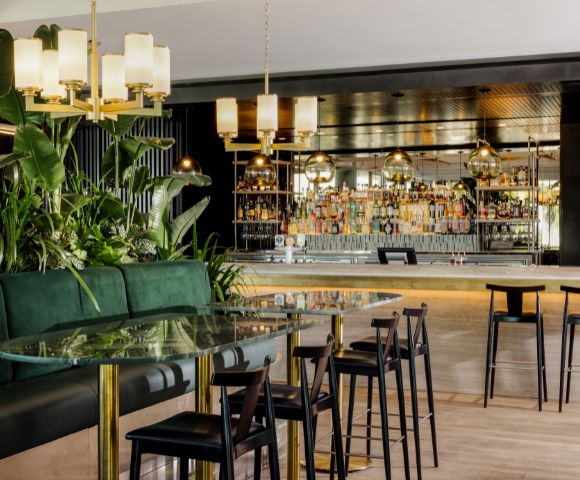 Elegant bar interior with a glass-topped table, dark chairs, and lush plants. Warm lighting and a mirrored back bar create a sophisticated atmosphere.
