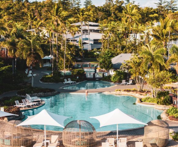 A serene resort pool surrounded by lush palm trees and greenery. Sun loungers and shaded areas offer relaxation. The scene conveys tropical tranquility.