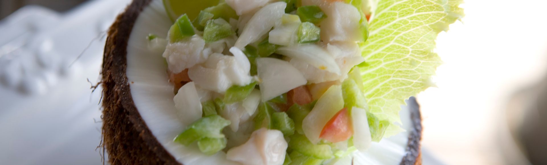 Ceviche served in a halved coconut shell, garnished with lime and lettuce, featuring diced fish, onions, and peppers; fresh and tropical presentation.