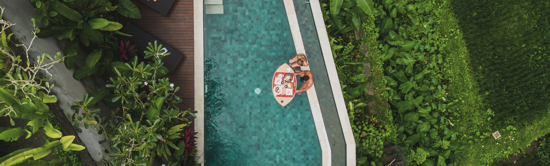 Aerial view of a rectangular pool surrounded by lush greenery, with a person lounging on a float. Wooden deck with plants borders one side, creating a tranquil vibe.