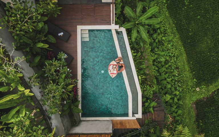 Aerial view of a rectangular pool surrounded by lush greenery, with a person lounging on a float. Wooden deck with plants borders one side, creating a tranquil vibe.