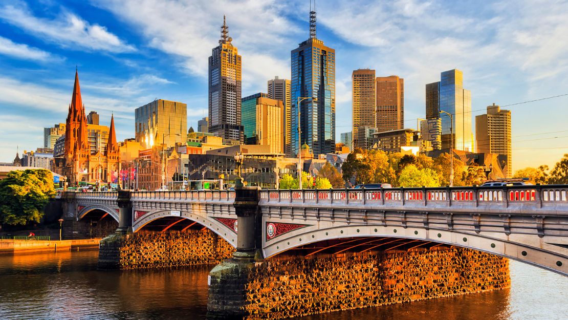 A vibrant cityscape of Melbourne at sunset, featuring skyscrapers, a historic church, and a detailed arched bridge reflecting in the Yarra River.