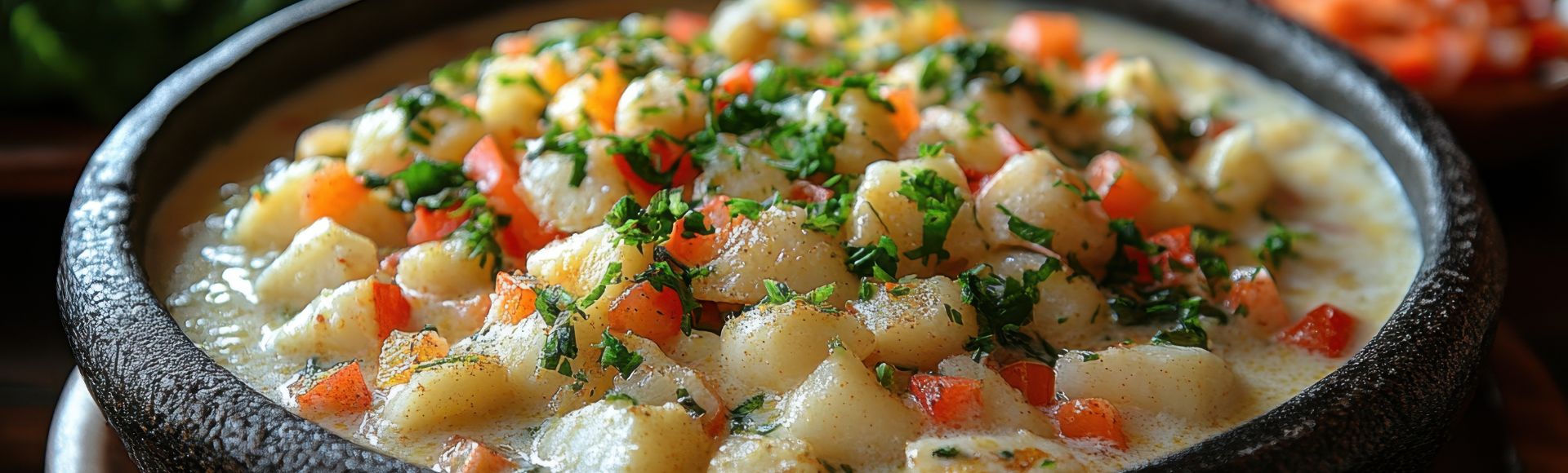 A bowl of creamy potato soup with chunks of potato, carrots, and sprinkled parsley, creating a warm and comforting feel. A rustic, homely setting.