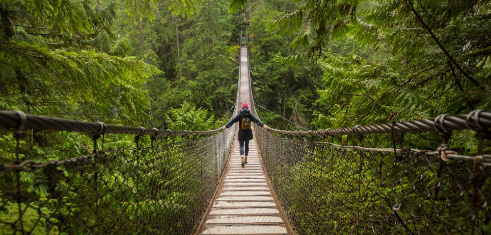 A person with a backpack walks across a narrow suspension bridge surrounded by lush green forest, conveying a sense of adventure and tranquility.