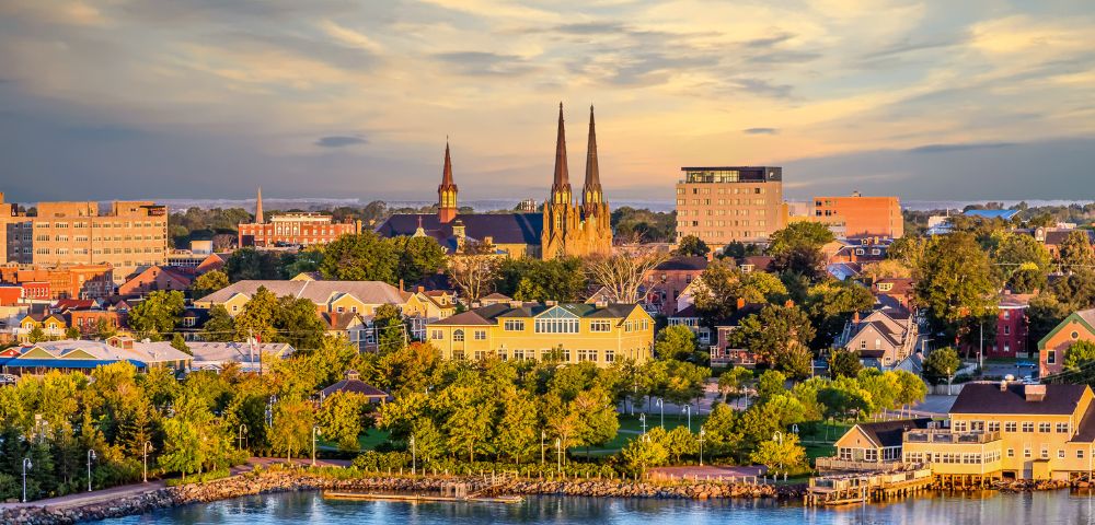 Urban landscape featuring a small city with prominent church spires under a blue sky. Trees and diverse buildings convey a serene, picturesque setting.