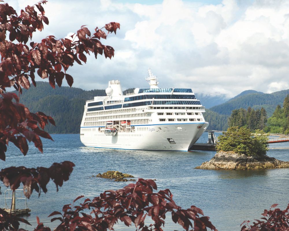 A large white cruise ship docked near a lush, forested shoreline under a cloudy sky. Foreground features red leaves framing the scene, creating a tranquil atmosphere.
