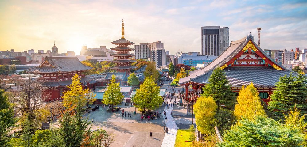 A serene aerial view of a Japanese temple complex with a pagoda, lush trees, and busy pathways. The skyline shows modern buildings under a warm sunset.