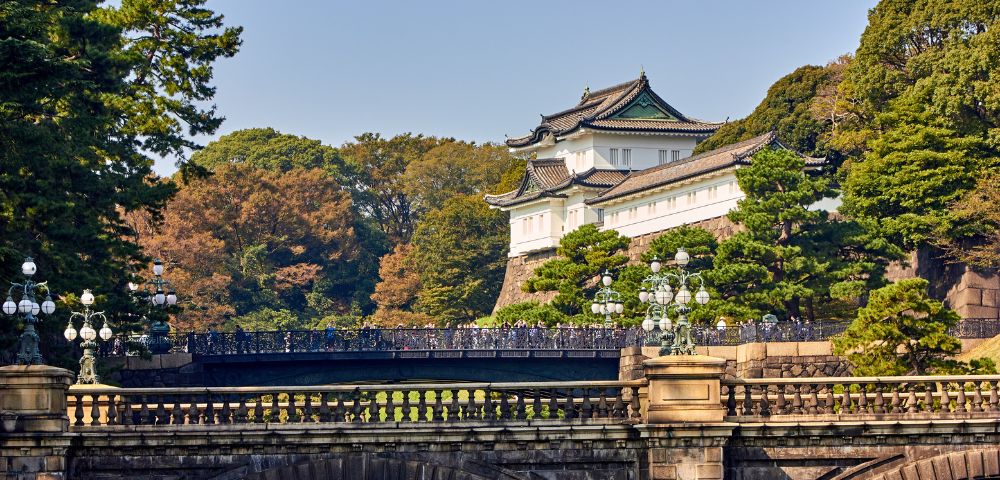 A historic Japanese palace with curved roofs stands behind a stone bridge surrounded by lush green trees under a clear blue sky, conveying tranquility.