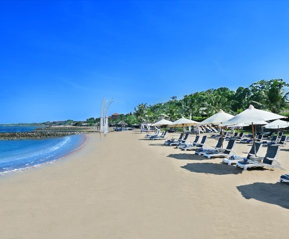 A serene beach scene with rows of lounge chairs and white umbrellas on golden sand. Calm blue ocean waves and a clear sky create a tranquil atmosphere.