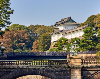 Historic Japanese palace on a hillside with a traditional roof, surrounded by lush trees. A stone bridge in the foreground adds to the serene setting.