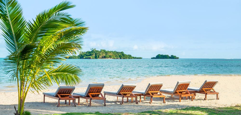 Sun-drenched beach with six empty wooden lounge chairs facing the turquoise ocean. A lush palm tree on the left adds a tropical feel. Relaxing and serene.