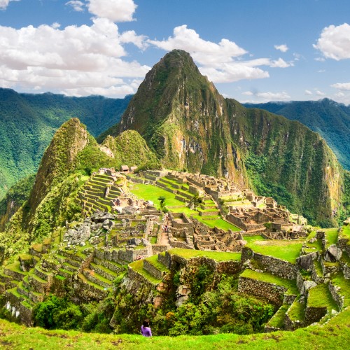 Majestic view of Machu Picchu under a blue sky. Terraced ruins with lush greenery spread across a mountainside, evoking a sense of awe and history.