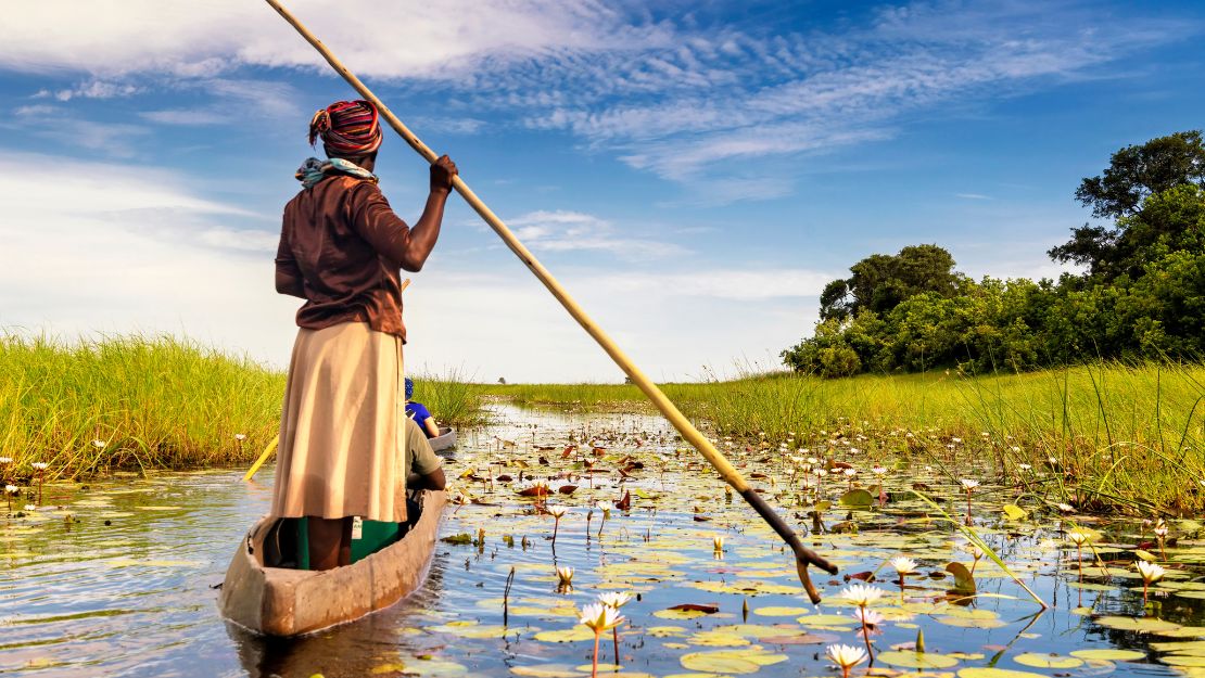 A person stands in a canoe, navigating a serene wetland with a pole. Surrounding them are lily pads and lush greenery under a clear blue sky.
