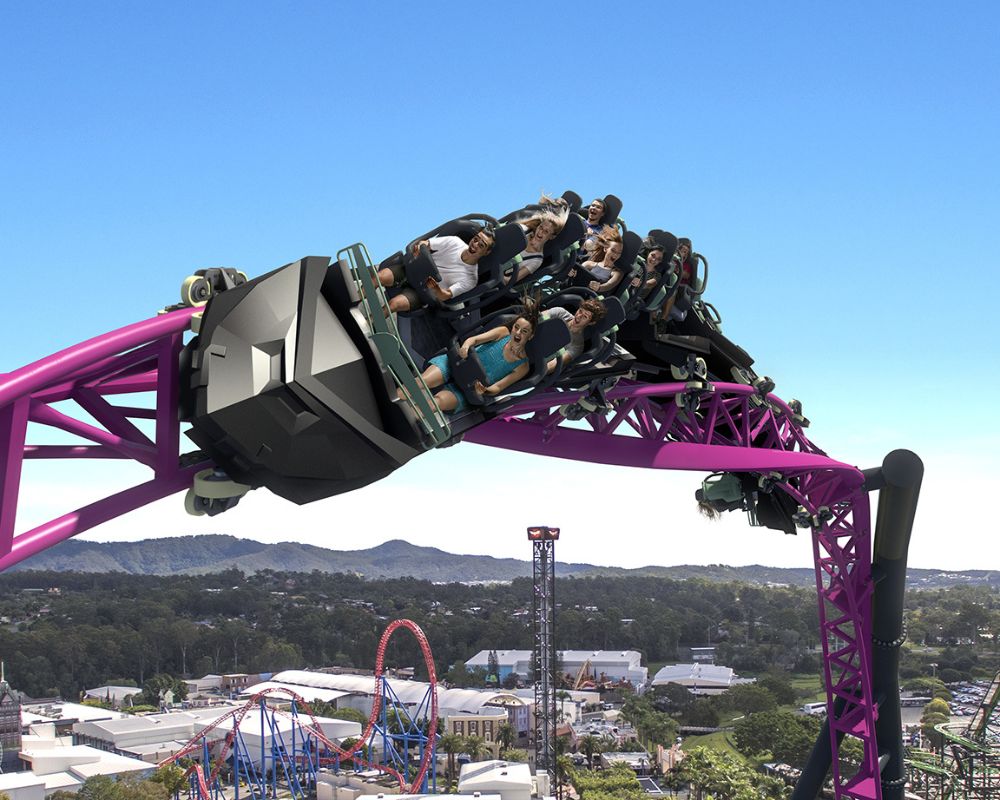 People ride a vibrant purple roller coaster, twisting against the bright blue sky. Their expressions show excitement and thrill, set against distant mountains.