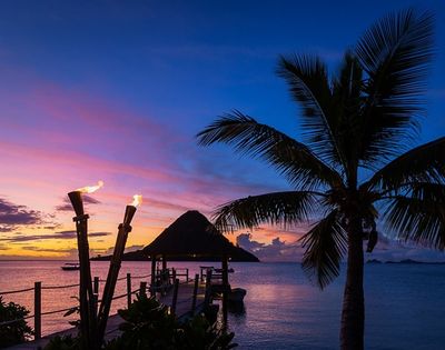 A serene tropical sunset over the ocean with vibrant pink and blue skies. A silhouette of a palm tree and two lit tiki torches enhances the peaceful scene.