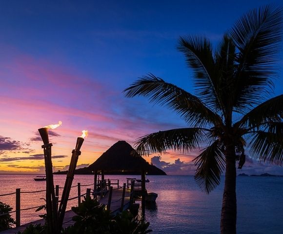 A serene tropical sunset over the ocean with vibrant pink and blue skies. A silhouette of a palm tree and two lit tiki torches enhances the peaceful scene.