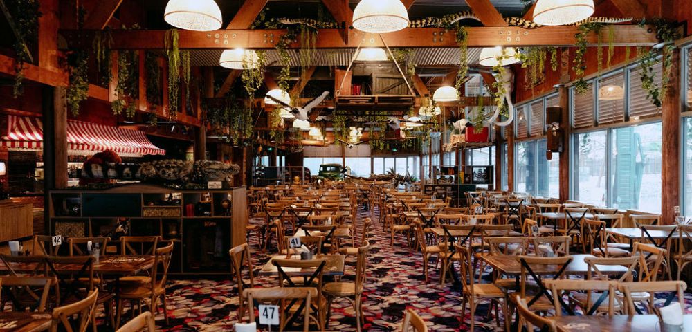 Spacious restaurant interior with wooden tables and chairs, colorful floral carpet, hanging plants, and warm lighting, evoking a cozy, vibrant ambiance.