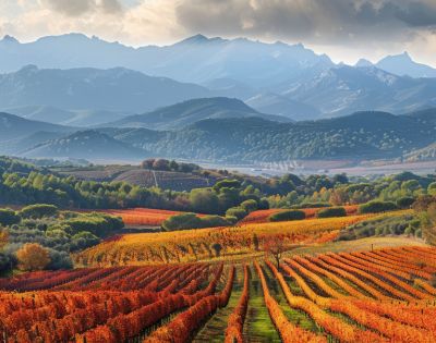 A scenic vineyard with rows of vibrant red and orange leaves, set against rolling hills and distant mountains under a cloudy sky, conveying a serene autumn atmosphere.