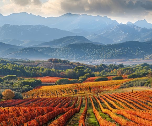 A scenic vineyard with rows of vibrant red and orange leaves, set against rolling hills and distant mountains under a cloudy sky, conveying a serene autumn atmosphere.