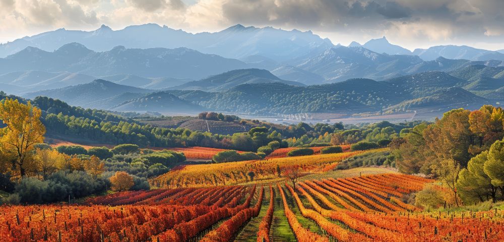 A scenic vineyard with rows of vibrant red and orange leaves, set against rolling hills and distant mountains under a cloudy sky, conveying a serene autumn atmosphere.