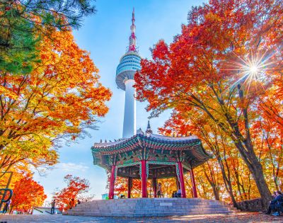 Namsan Seoul Tower rises above vibrant autumn trees with a traditional Korean pavilion in the foreground. Sunlight filters through colorful foliage.