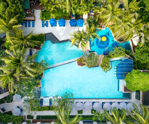 Aerial view of a tropical resort pool surrounded by lush palm trees. Guests relax on blue loungers under umbrellas. The scene is serene and inviting.