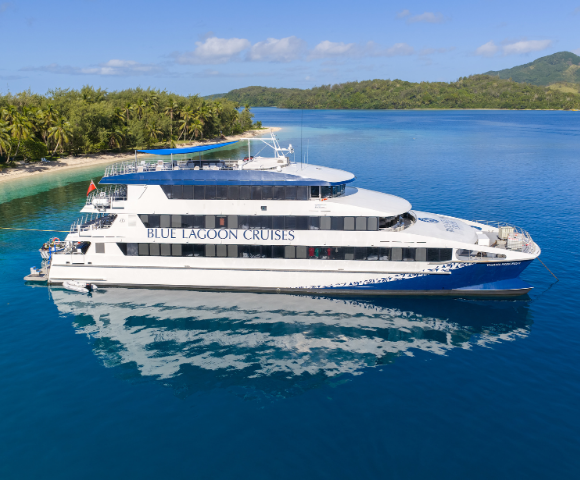 A large white and blue cruise ship labeled 