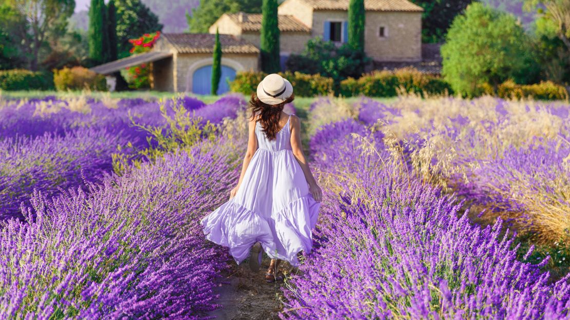 A woman in a flowing white dress walks through a vibrant lavender field towards a rustic stone house, exuding a serene and idyllic ambiance.