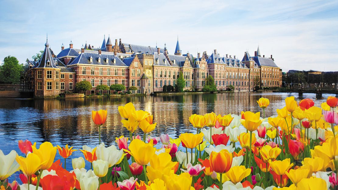Colorful tulips in the foreground, with an elegant historic building by a reflective lake under a clear blue sky. The scene is vibrant and peaceful.