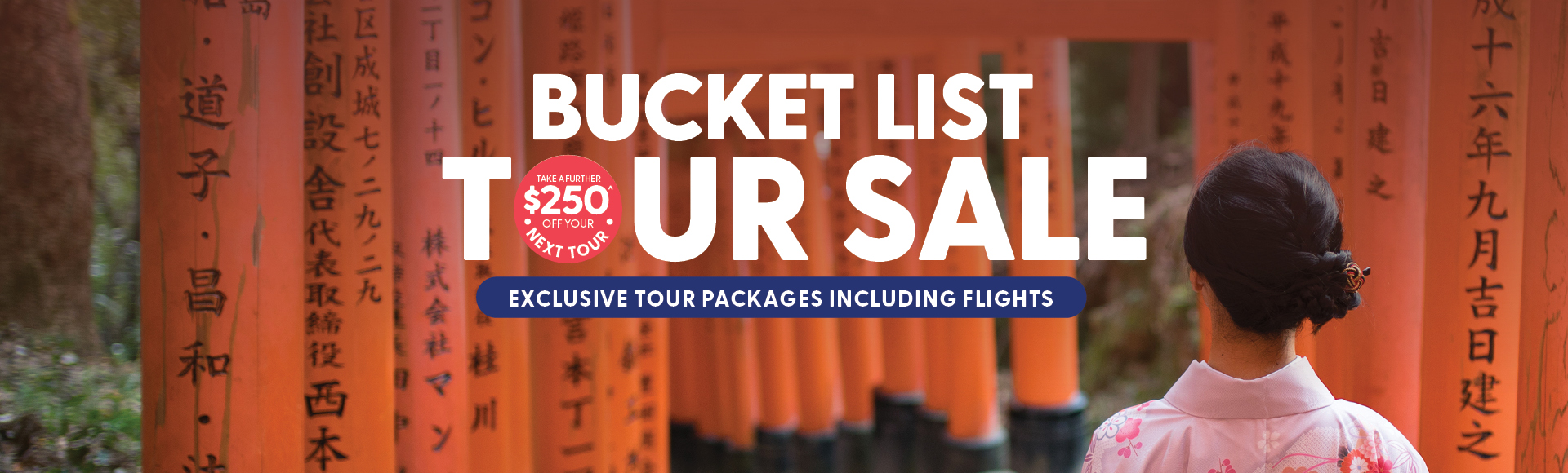 A scenic tropical bay with green islands and turquoise water promoting a bucket list tour sale.