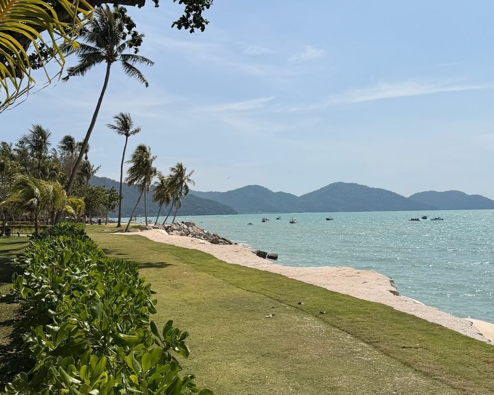 Panoramic view of a tropical beach with palm trees and a coastline dotted with boats on a calm, turquoise sea, with hazy green hills in the background under a clear blue sky.