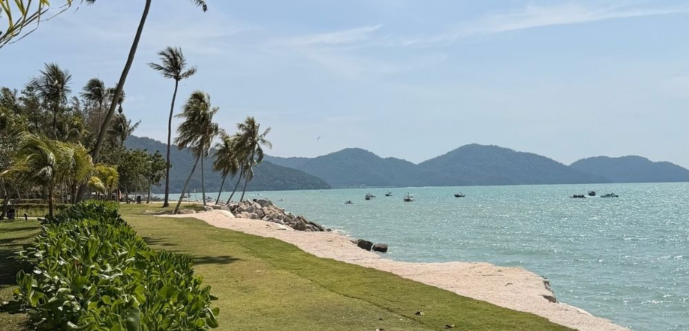 Panoramic view of a tropical beach with palm trees and a coastline dotted with boats on a calm, turquoise sea, with hazy green hills in the background under a clear blue sky.