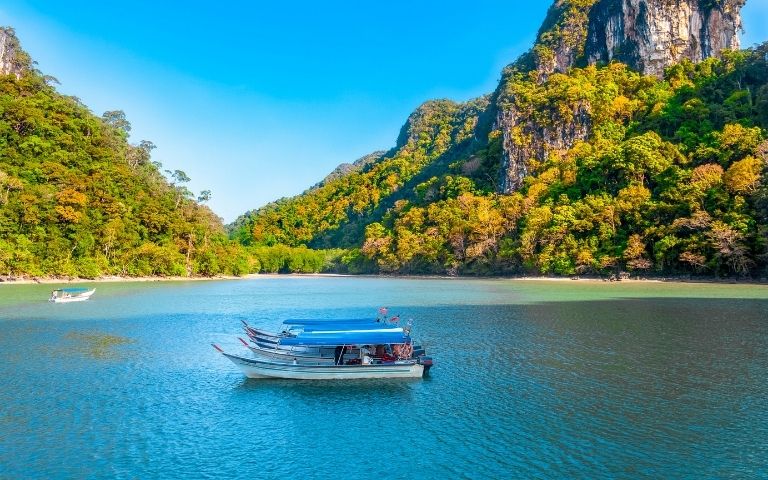 Several longtail boats with blue canopies rest on calm, turquoise water in a bay surrounded by lush, green, and yellow foliage covering steep, rocky hillsides under a clear blue sky.