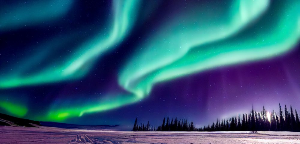 Vivid green and blue aurora borealis lights up a starry night sky over a snowy landscape with silhouetted pine trees, creating a serene and magical atmosphere.