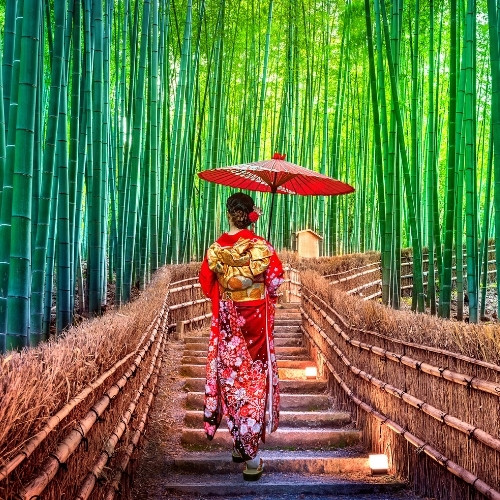 A person in a floral red kimono holds a red parasol, walking through a serene bamboo forest on a stone path. The scene exudes tranquility and culture.
