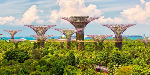 Futuristic tree structures in a lush garden setting, with a backdrop of blue sky and fluffy clouds. The scene feels vibrant and innovative.