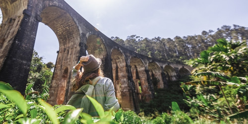 A person with a backpack and hat stands amidst lush greenery, looking up at a towering, weathered stone viaduct under a bright, sunlit sky.