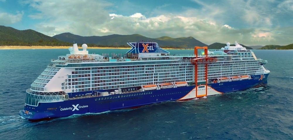 A large blue and white cruise ship with the 