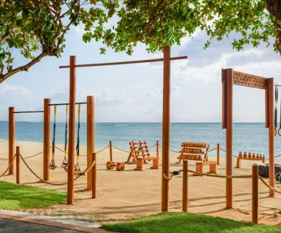 Outdoor beach gym with wooden exercise equipment, including rings and weights, set on sand beneath a tree. Ocean and sky visible in the background.