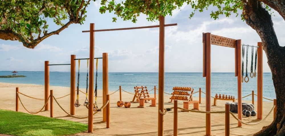 Outdoor beach gym with wooden exercise equipment, including rings and weights, set on sand beneath a tree. Ocean and sky visible in the background.
