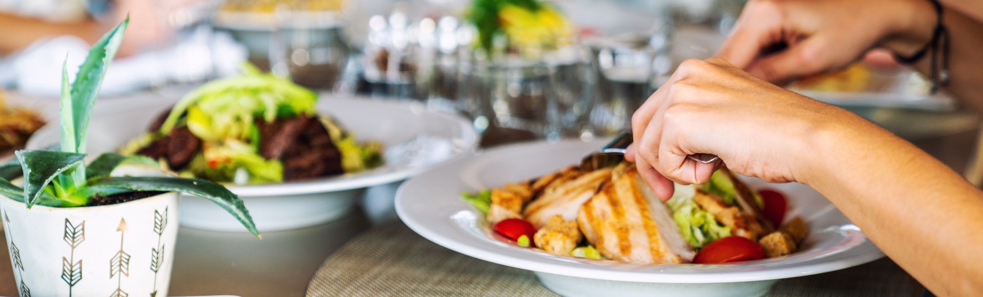 Hands hold utensils over a salad with grilled chicken and tomatoes on a restaurant table. Other dishes and glasses are visible, suggesting a social meal.