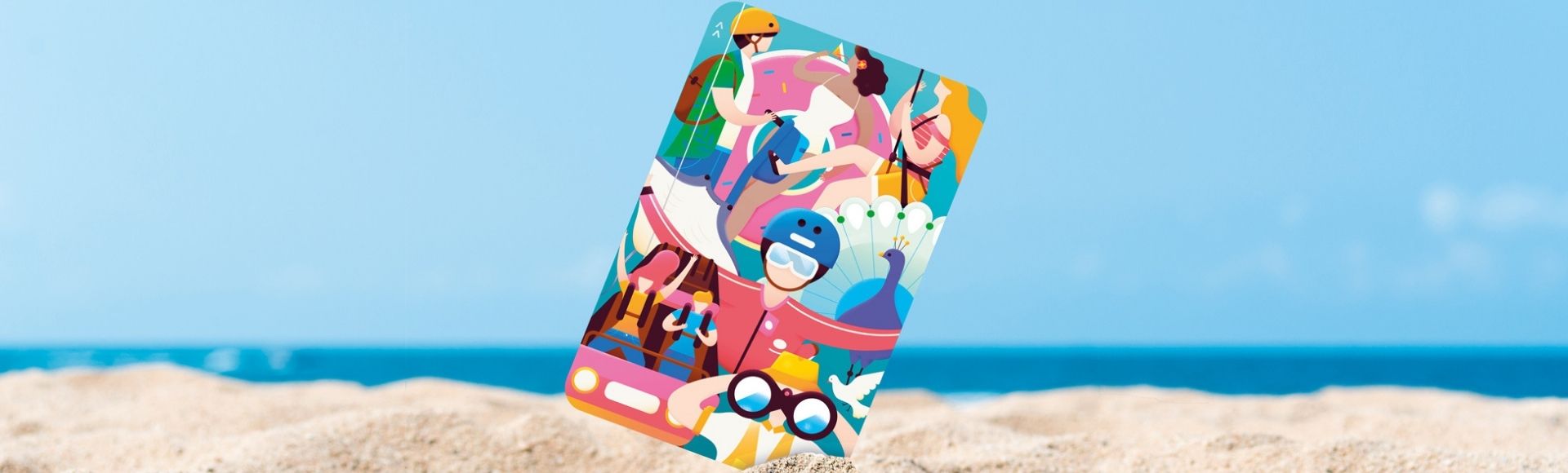 Colorful card with abstract figures on sandy beach and a bright blue sky background. It conveys a vibrant and playful summer vibe.